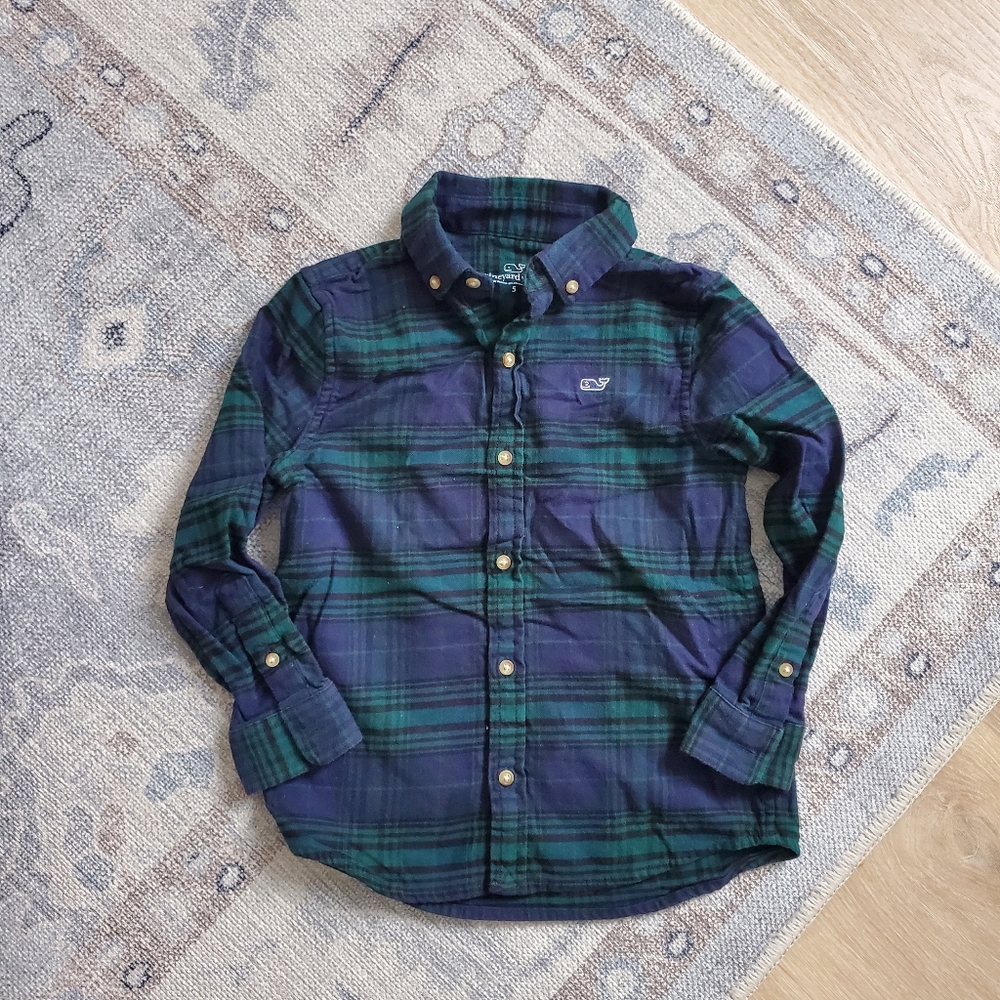 Vineyard Vines Boys Blue Green Tartan Plaid Button-up Shirt Sz5